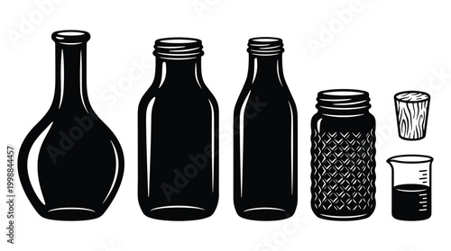 Set of black silhouettes of glass bottles, jars and beaker, vector illustration.