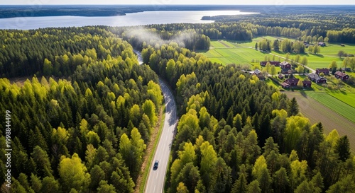 Aerial view of winding road cutting through lush green forest towards horizon with lake idyllic rural landscape and houses