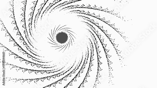 Abstract black particle swirling in a vortex motion creating a dynamic spiral pattern on a white background with a central focal point