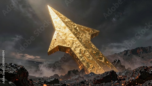 Futuristic Golden Monolith in Alien Volcanic Landscape