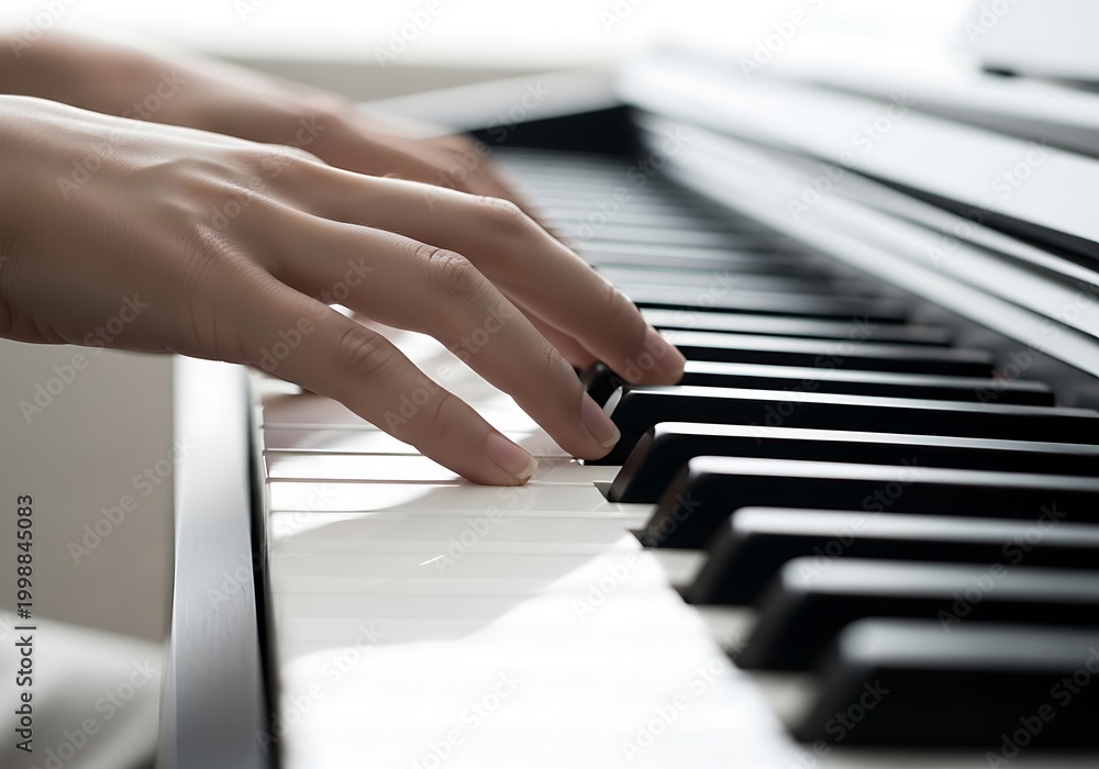 Obraz premium Close-up of Musician Hands Playing Piano Keyboard