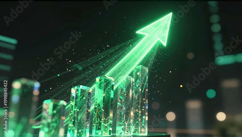 Financial Growth Concept with Glowing Green Arrow and Data Bars