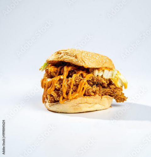 Fried chicken burger on a white background.