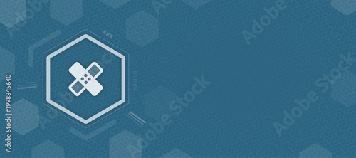 Abstract medical banner background with a bandage icon inside a hexagon frame for healthcare technology digital medicine solutions and patient recovery concepts and ideas