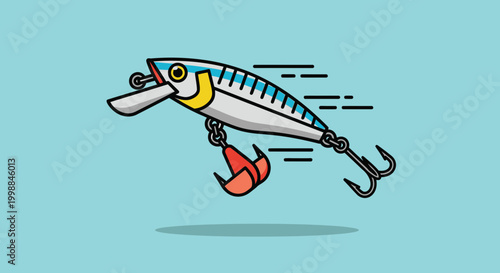 Fishing Lure Illustration: Realistic Wobbler with Hooks and Motion Lines on Blue Background