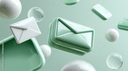 Floating Mint Green Mail Icons with Abstract Shapes and Background