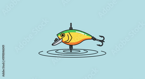 Fishing lure with hooks in water, realistic illustration, vibrant colors, fishing bait, outdoor hobby