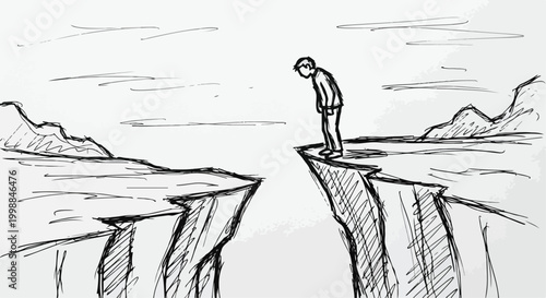 Hand drawn sketch of a lonely man standing on a cliff edge, concept of depression and mental health struggle, person facing a deep abyss