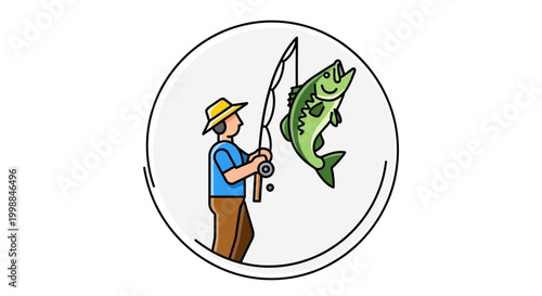 Fisherman proudly displays a large bass caught on his fishing rod in a circular frame