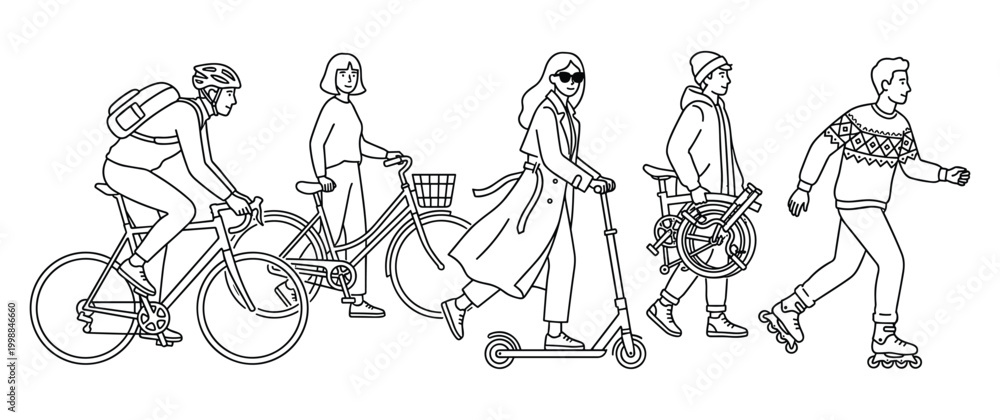 Fototapeta premium Diverse group of people using sustainable transport and enjoying outdoors.