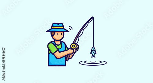 Fisherman with Hat Catches Fish with Fishing Rod on Blue Background