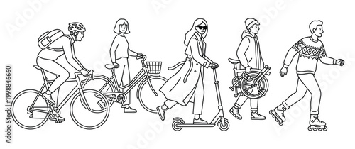 Diverse group of people using sustainable transport and enjoying outdoors.