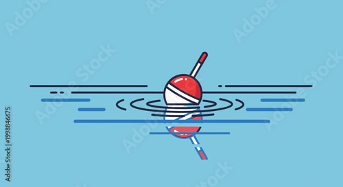 Fishing Bobber Floating on Water Surface with Ripples, Red and White Buoy