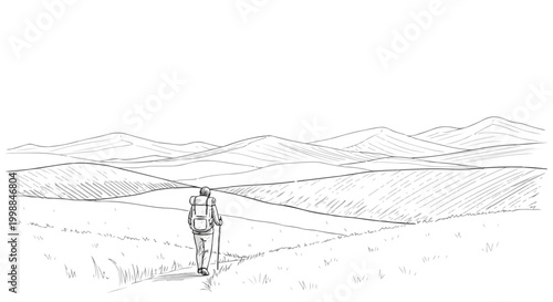 Hand drawn mountain landscape with hiker, vintage sketch of man trekking in nature, minimalist outdoor adventure vector illustration