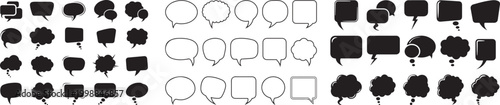 A comprehensive collection of diverse speech bubbles and thought balloons in black and outline styles for comic, chat, and graphic design.