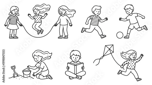 Children enjoying diverse outdoor play and solitary reading.