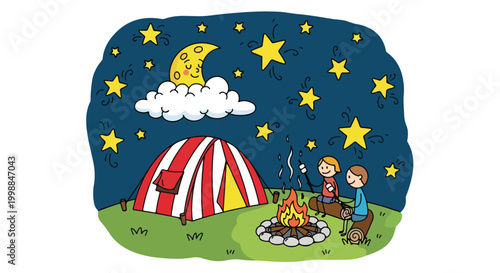 Cartoon camping night scene with children, red and white striped tent under starry sky, kids roasting marshmallows by campfire, whimsical vector illustration