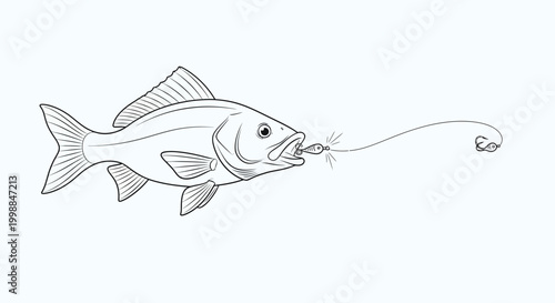 Fish biting fishing lure, close-up, underwater fishing concept, illustration