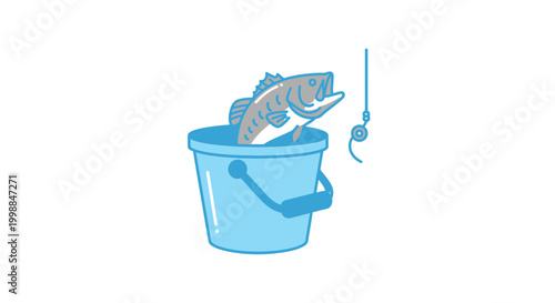 Fish jumping out of bucket with fishing hook