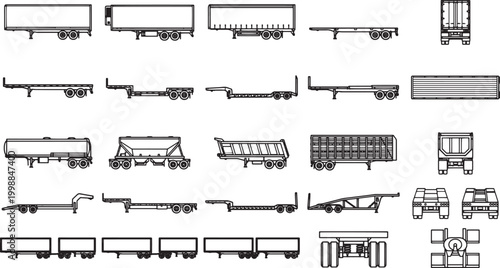 Various types of trailers and transport vehicles presented in an illustrative format, ideal for conveying concepts related to cargo, logistics, and transportation.