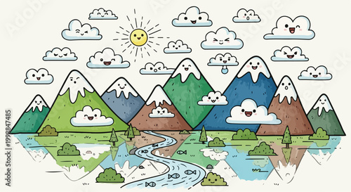 Kawaii mountain landscape vector illustration, cute nature scene with smiling clouds and sun, whimsical mountain range with river and fish