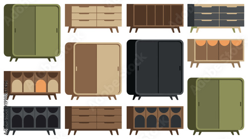 Set of twelve modern wooden furniture for interior storage isolated on white.