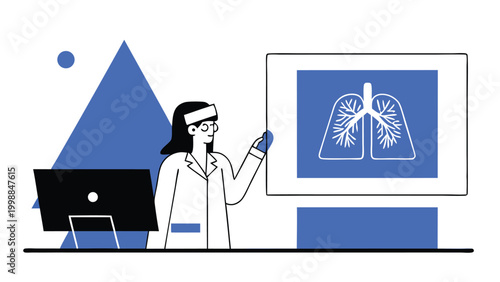 Female Doctor Pointing to Lung X-ray Illustration, Respiratory Health Checkup, Pulmonology Medical Concept with Heart and Healthcare Icons, Flat Style Vector Illustration