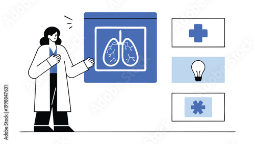 Female Doctor Pointing to Lung X-ray Illustration, Respiratory Health Checkup, Pulmonology Medical Concept with Heart and Healthcare Icons, Flat Style Vector Illustration