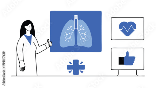 Female Doctor Pointing to Lung X-ray Illustration, Respiratory Health Checkup, Pulmonology Medical Concept with Heart and Healthcare Icons, Flat Style Vector Illustration