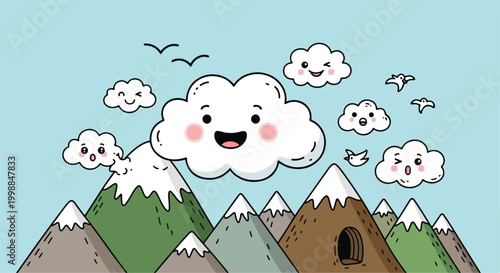 Whimsical mountain landscape, cartoon clouds, smiling face, green peaks, snowy mountains