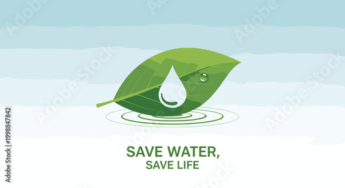 A vibrant green leaf with a clear water droplet creating ripples on a serene water surface, promoting water conservation with the message 'Save Water, Save Life'.