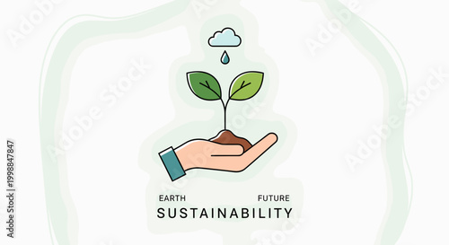 A hand nurturing a young plant under a cloud's rain, symbolizing earth's future and sustainability.