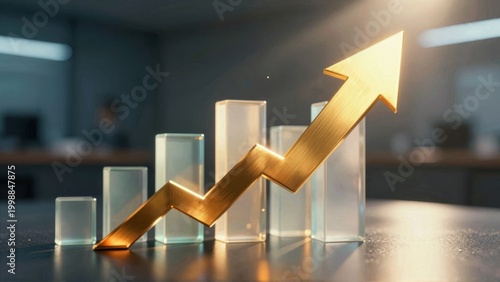 Gold Arrow Rising Over Glass Bar Chart Financial Growth Concept