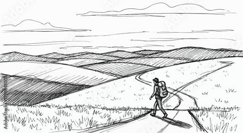 Hand drawn hiker walking on mountain trail, black and white sketch of traveler with backpack, scenic landscape vector illustration for outdoor adventure