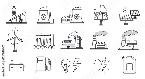 Energy Production Icons: Renewable and Fossil Fuel Sources