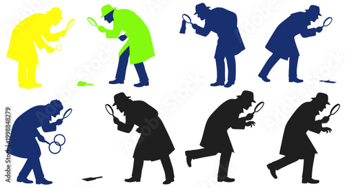 Detectives Searching for Clues with Magnifying Glasses, Colorful Silhouettes