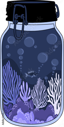 Underwater world in a glass jar.deep sea coral reef ecosystem with fish, aquatic plants, and bubbles.Fantasy marine life concept, ocean conservation