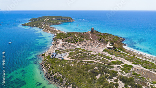 Obraz na plátně Aerial panorama of the ancient city ruins of Tharros with the Spanish watchtower