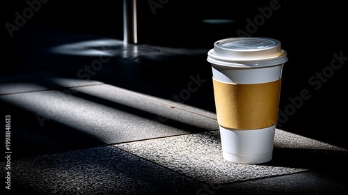 Coffee Cup on Urban Pavement with Shadows and Light Play