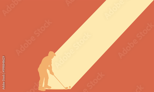 a golfer standing in a bright spotlight path on a terracotta background. Conceptual metaphor for focus, career goals, and visionary path in life.