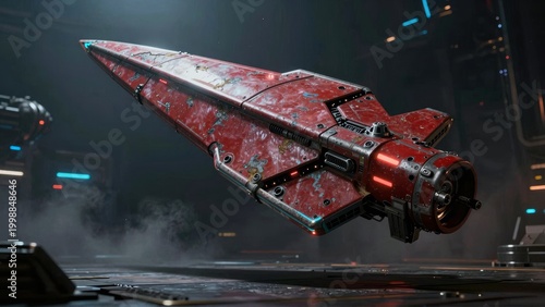 Futuristic Red Spaceship in SciFi Hangar Cinematic Render