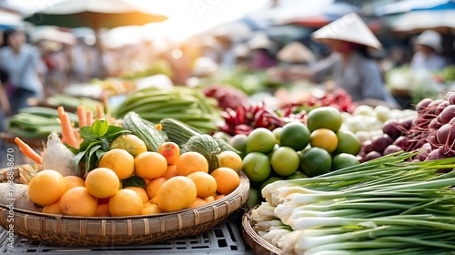 Fresh Vegetables and Fruits at Vibrant Outdoor Market Scene