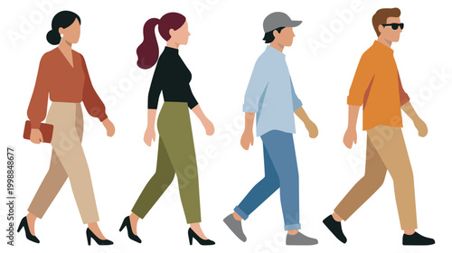 Pedestrians walking in row wearing casual clothing and street style.