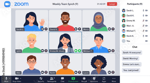 People participate in virtual online meeting on computer screen with diverse team