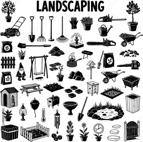 Tableau sur toile Landscaping and Gardening Icons: Comprehensive black and white vector set of outdoor tools, equipment, plants, and garden decorative elements