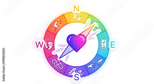 Colorful compass with heart, symbols of emotions, creativity, and relationships