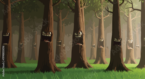 Spooky haunted forest with screaming face trees, dark enchanted woods background, eerie woodland landscape with anthropomorphic tree trunks