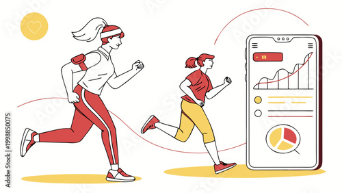 Two women running side-by-side with a mobile device showing fitness data and charts, promoting a healthy lifestyle and exercise tracking