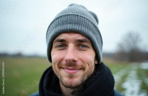 Young man wears grey beanie and scarf. He smiles looking ahead in a natural field. Person has light beard and stubble. Outdoors in cool weather.