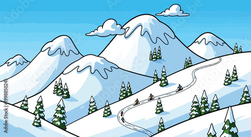 Cartoon winter mountain landscape with snow covered peaks, skiers on winding downhill slope, winter sports vacation background vector